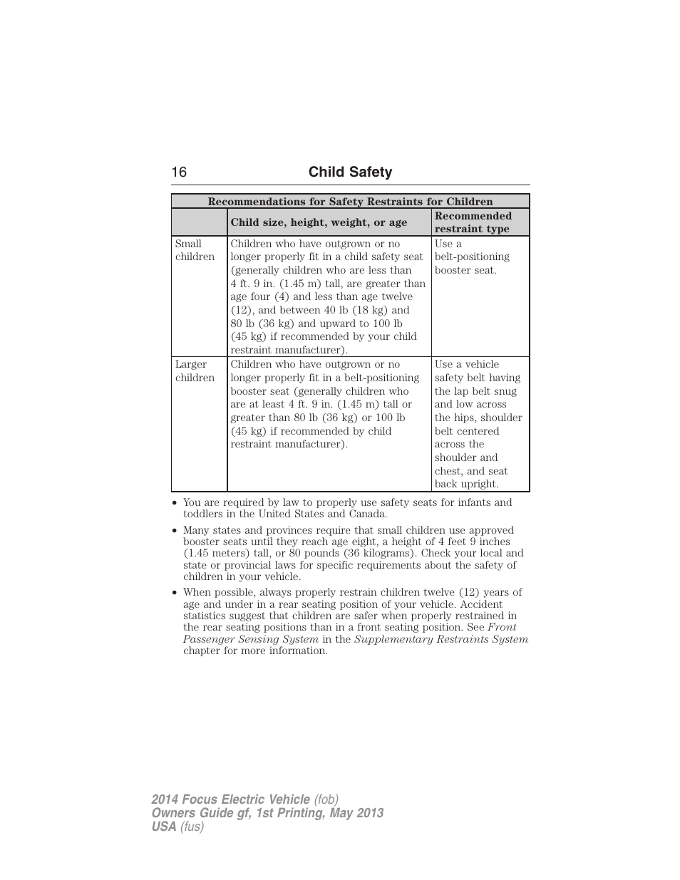 16 child safety | FORD 2014 Focus Electric User Manual | Page 17 / 403