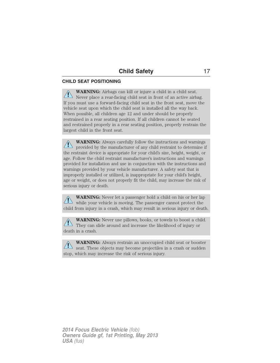 Child seat positioning, Child safety 17 | FORD 2014 Focus Electric User Manual | Page 18 / 403