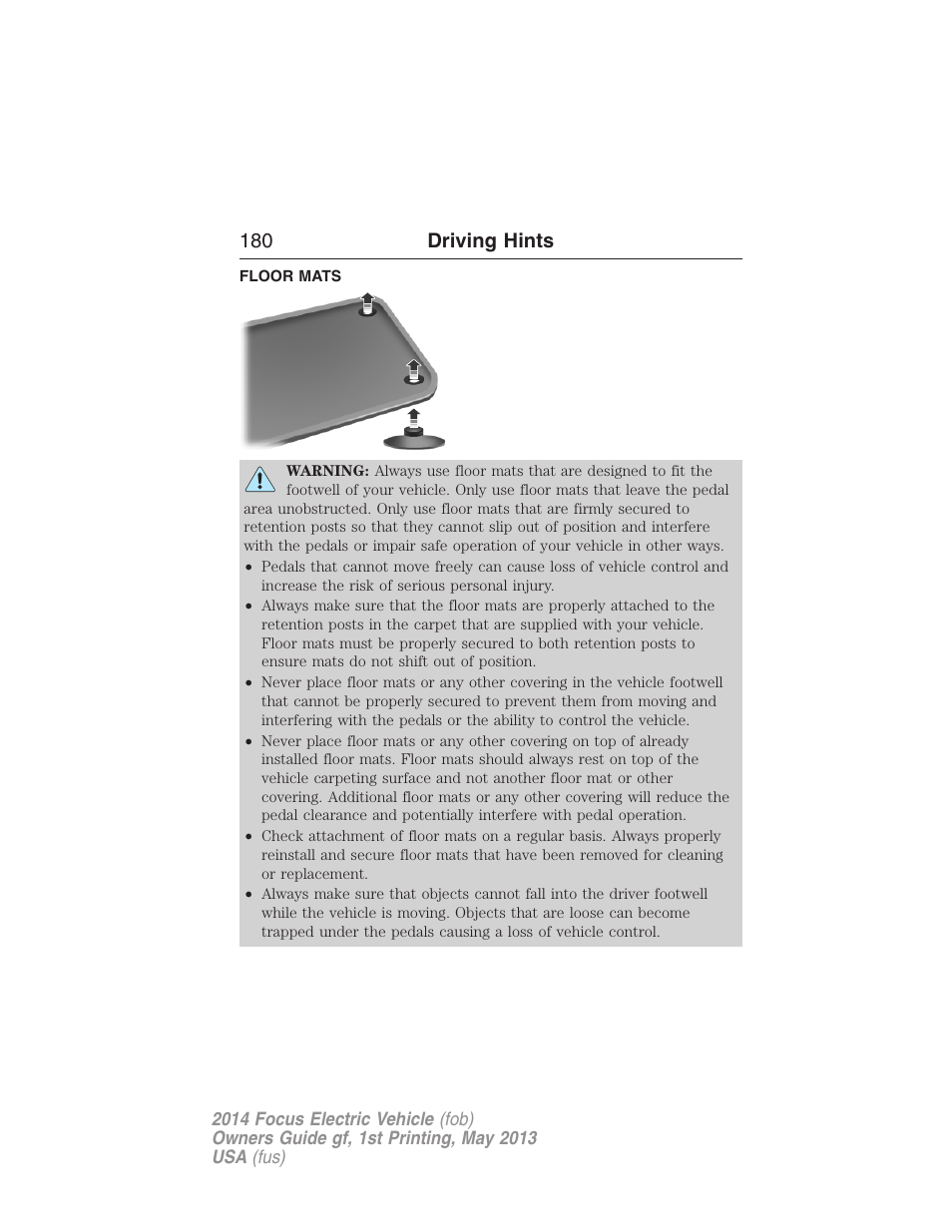 Floor mats, 180 driving hints | FORD 2014 Focus Electric User Manual | Page 181 / 403