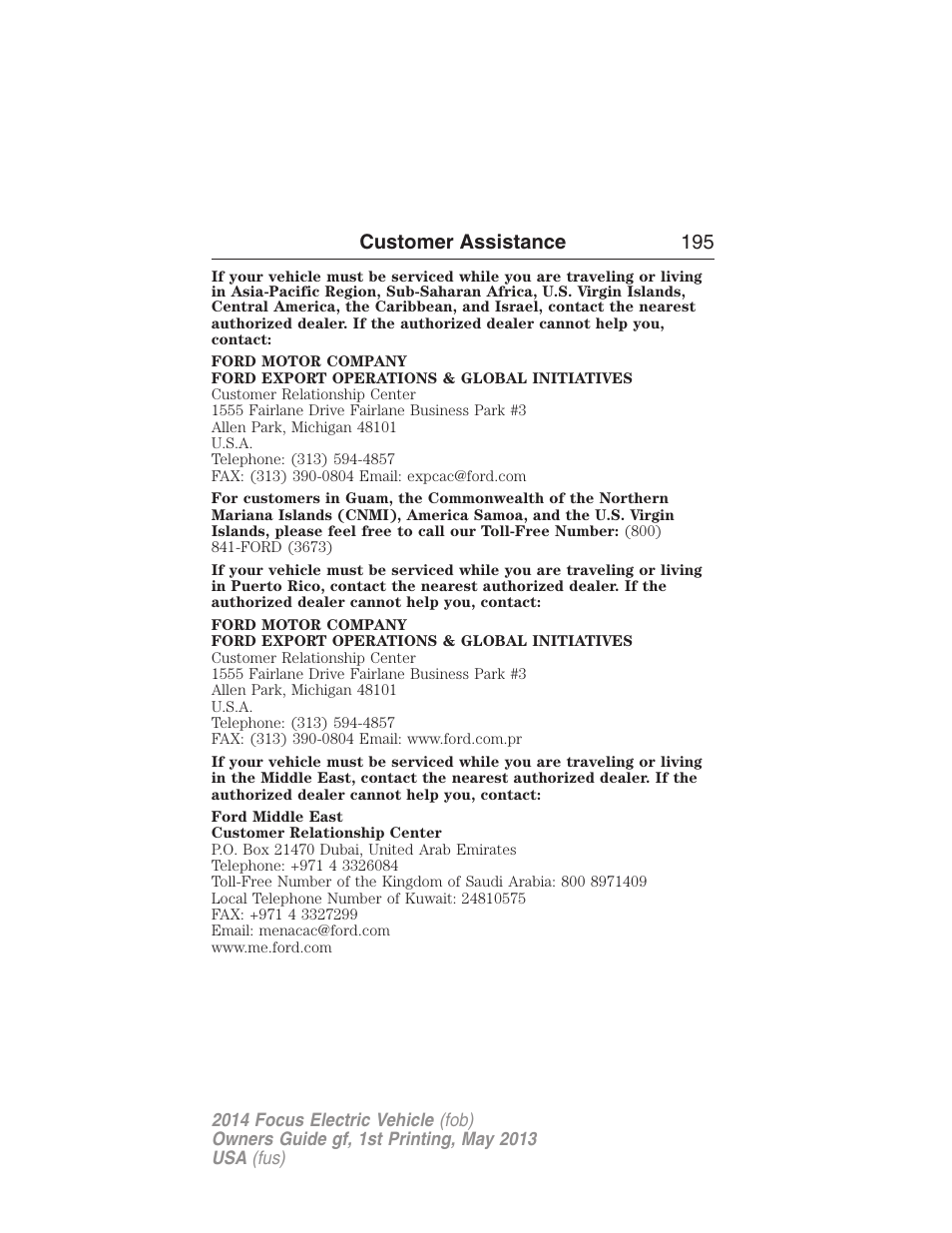 Customer assistance 195 | FORD 2014 Focus Electric User Manual | Page 196 / 403