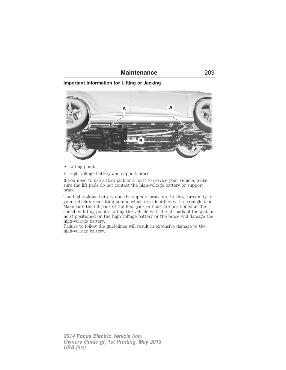 Important information for lifting or jacking, Maintenance 209 | FORD 2014 Focus Electric User Manual | Page 210 / 403