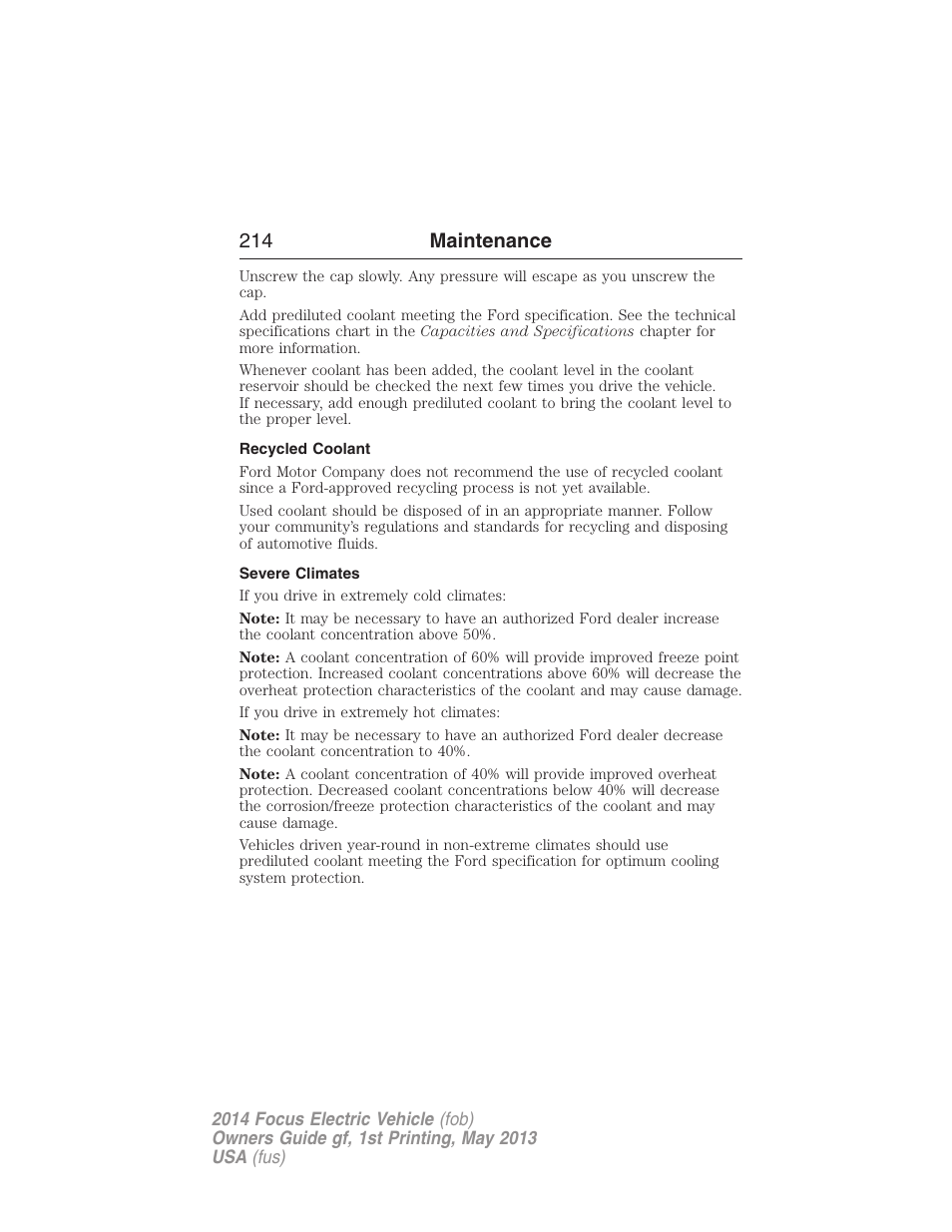 Recycled coolant, Severe climates, 214 maintenance | FORD 2014 Focus Electric User Manual | Page 215 / 403