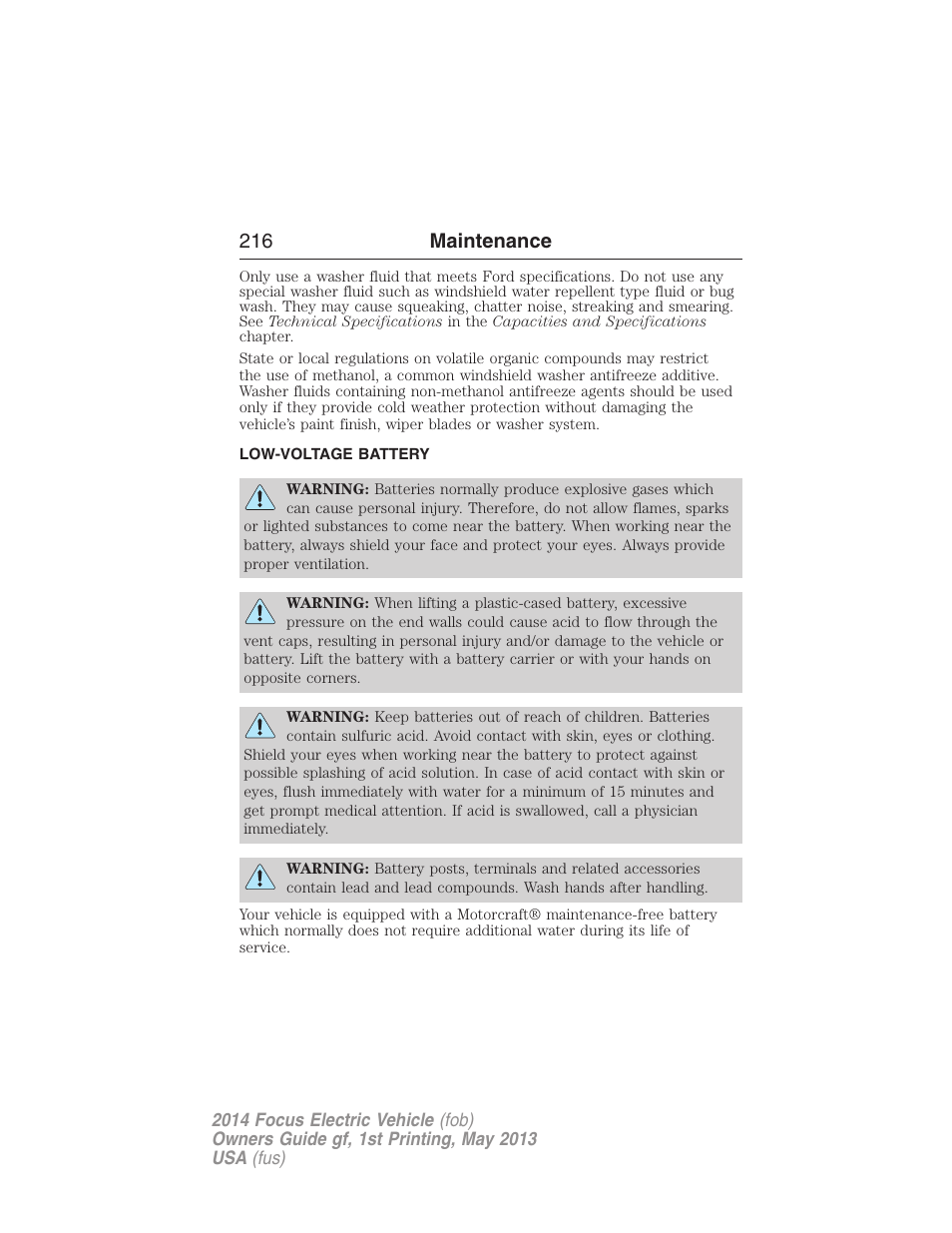 Low-voltage battery, Battery, 216 maintenance | FORD 2014 Focus Electric User Manual | Page 217 / 403