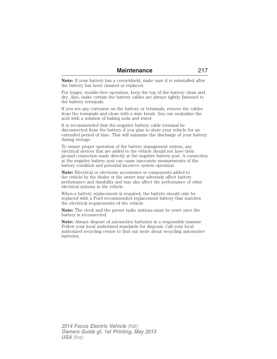 Maintenance 217 | FORD 2014 Focus Electric User Manual | Page 218 / 403