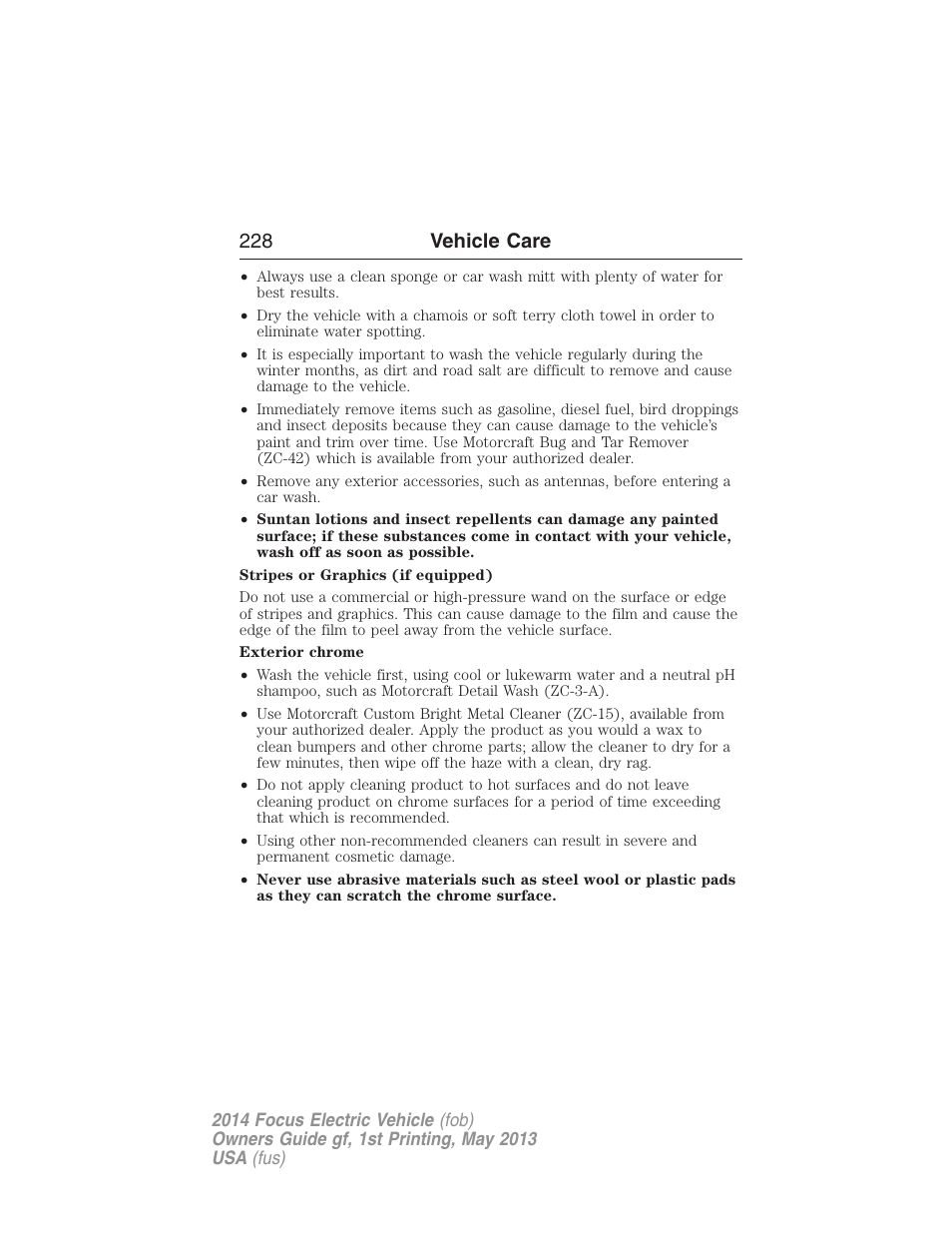 228 vehicle care | FORD 2014 Focus Electric User Manual | Page 229 / 403