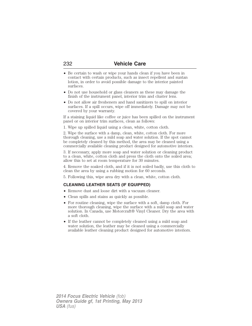 Cleaning leather seats (if equipped), Cleaning leather seats, 232 vehicle care | FORD 2014 Focus Electric User Manual | Page 233 / 403