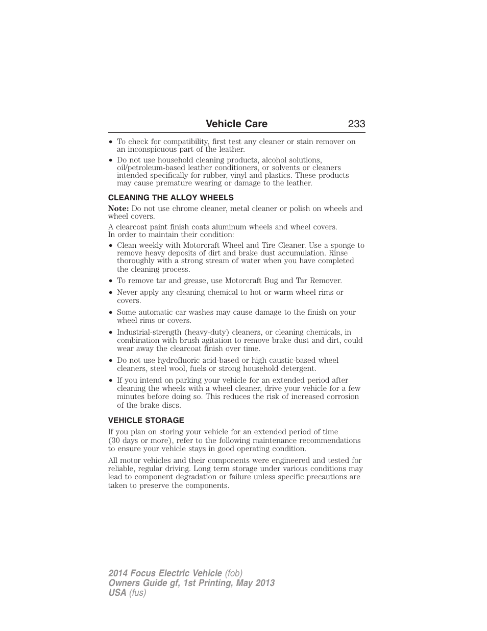 Cleaning the alloy wheels, Vehicle storage, Vehicle care 233 | FORD 2014 Focus Electric User Manual | Page 234 / 403