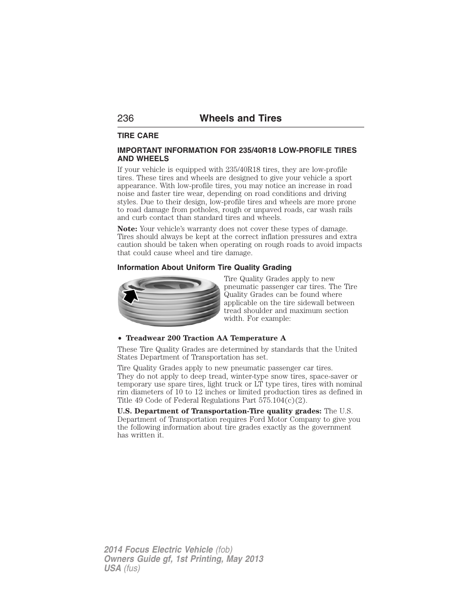 Wheels and tires, Tire care, Information about uniform tire quality grading | 236 wheels and tires | FORD 2014 Focus Electric User Manual | Page 237 / 403