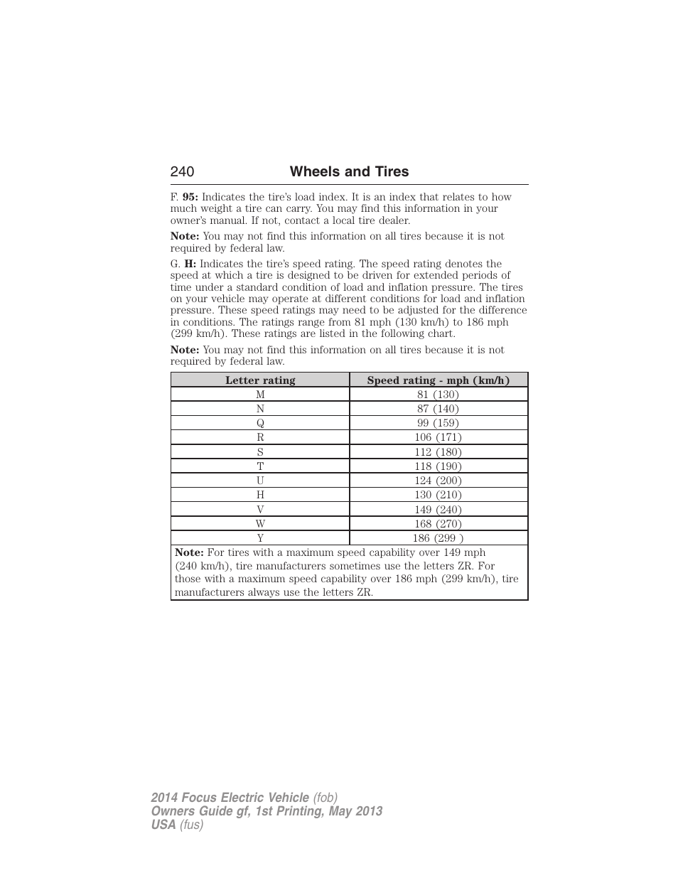 240 wheels and tires | FORD 2014 Focus Electric User Manual | Page 241 / 403