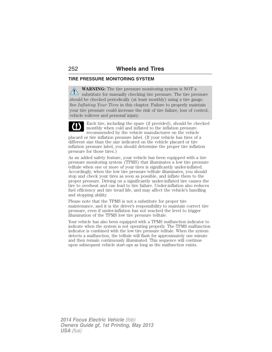 Tire pressure monitoring system, Tire pressure monitoring system (tpms), 252 wheels and tires | FORD 2014 Focus Electric User Manual | Page 253 / 403