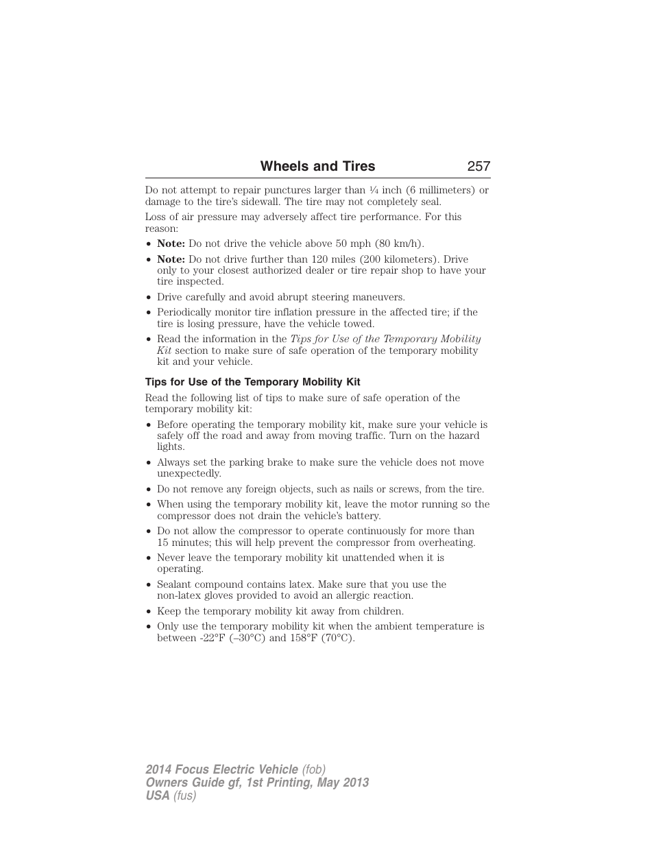 Tips for use of the temporary mobility kit, Wheels and tires 257 | FORD 2014 Focus Electric User Manual | Page 258 / 403