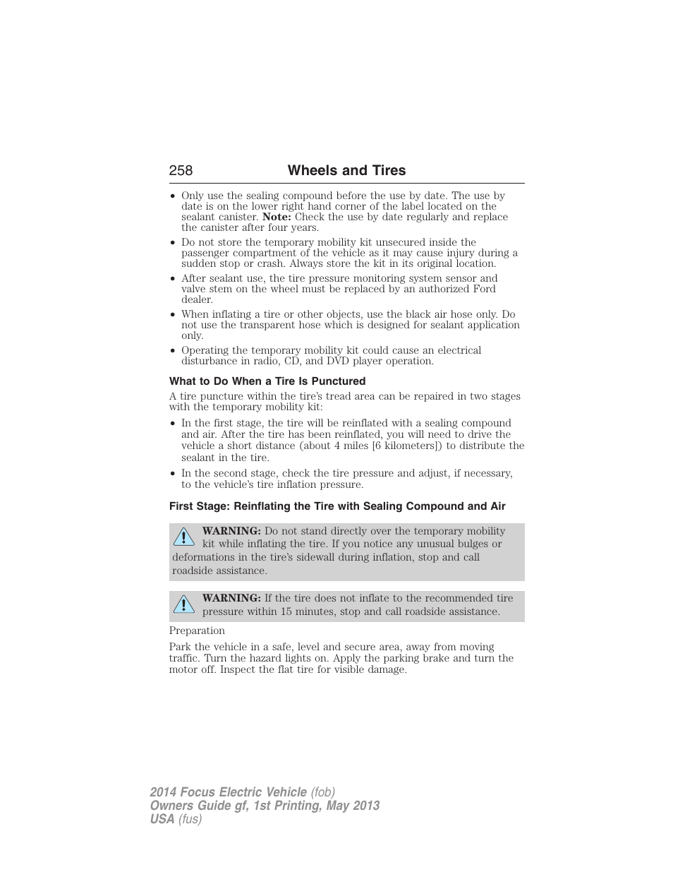 What to do when a tire is punctured, 258 wheels and tires | FORD 2014 Focus Electric User Manual | Page 259 / 403