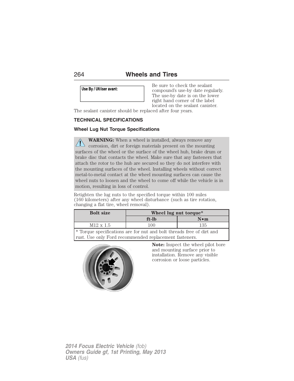 Technical specifications, Wheel lug nut torque specifications, Wheel lug nut torque | 264 wheels and tires | FORD 2014 Focus Electric User Manual | Page 265 / 403