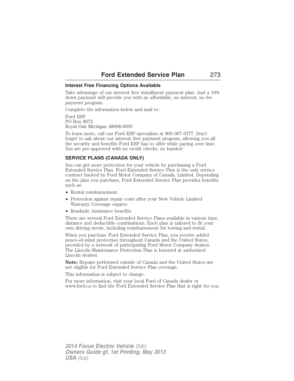 Interest free financing options available, Service plans (canada only), Ford extended service plan 273 | FORD 2014 Focus Electric User Manual | Page 274 / 403