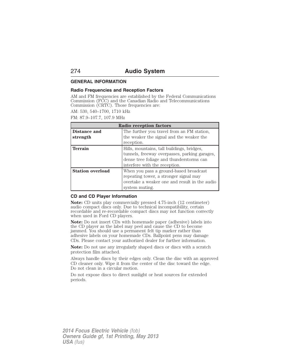 Audio system, General information, Radio frequencies and reception factors | Cd and cd player information, 274 audio system | FORD 2014 Focus Electric User Manual | Page 275 / 403