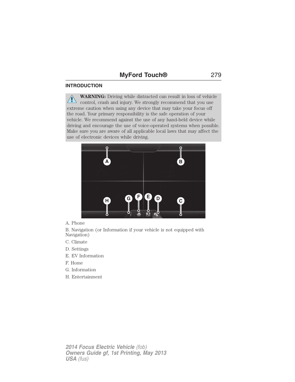 Myford touch, Introduction, Myford touch® 279 | FORD 2014 Focus Electric User Manual | Page 280 / 403