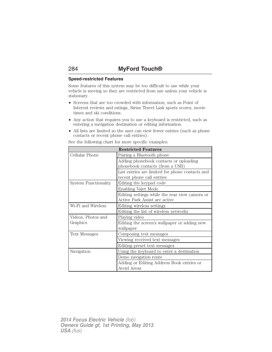 Speed-restricted features, 284 myford touch | FORD 2014 Focus Electric User Manual | Page 285 / 403