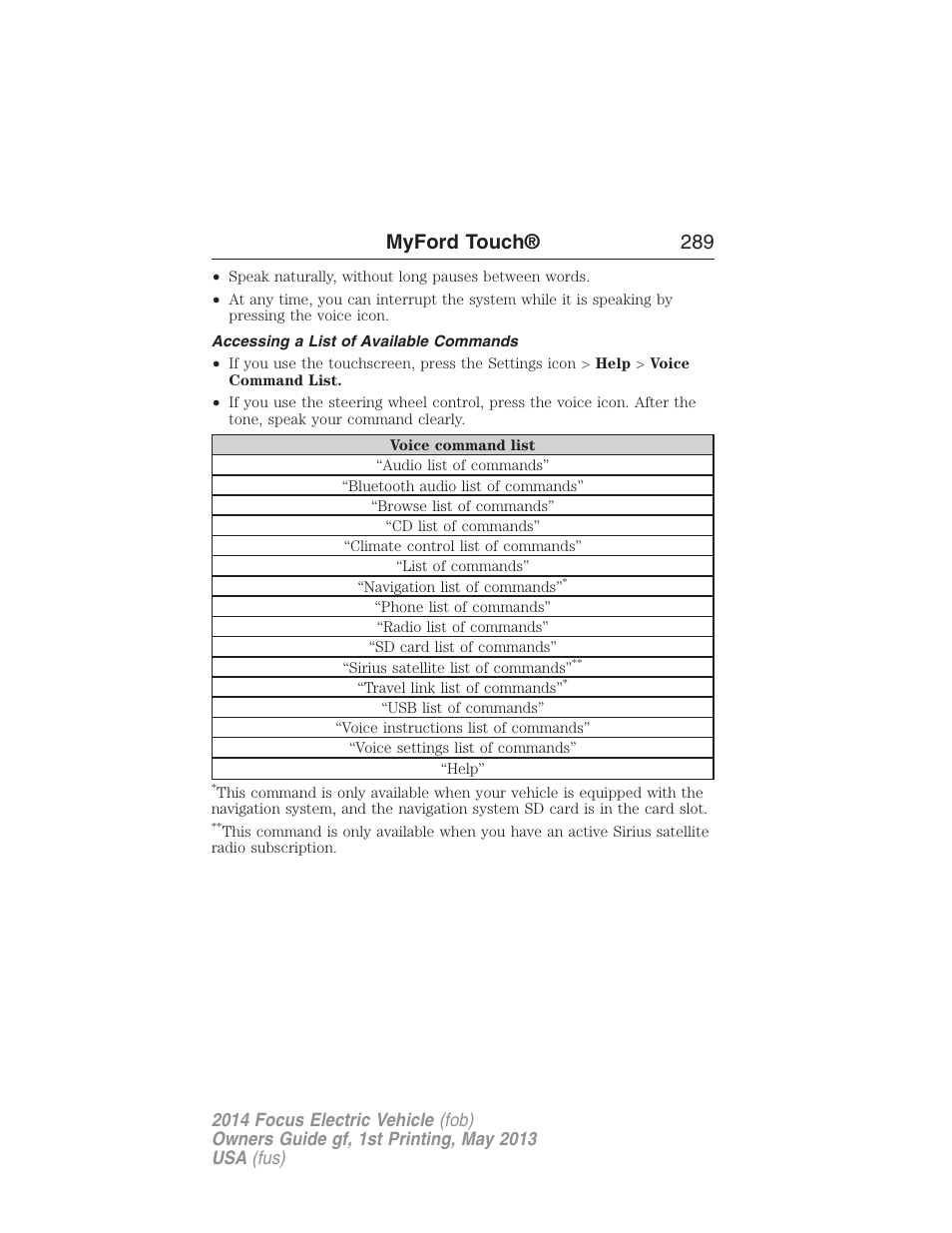 Accessing a list of available commands, Myford touch® 289 | FORD 2014 Focus Electric User Manual | Page 290 / 403