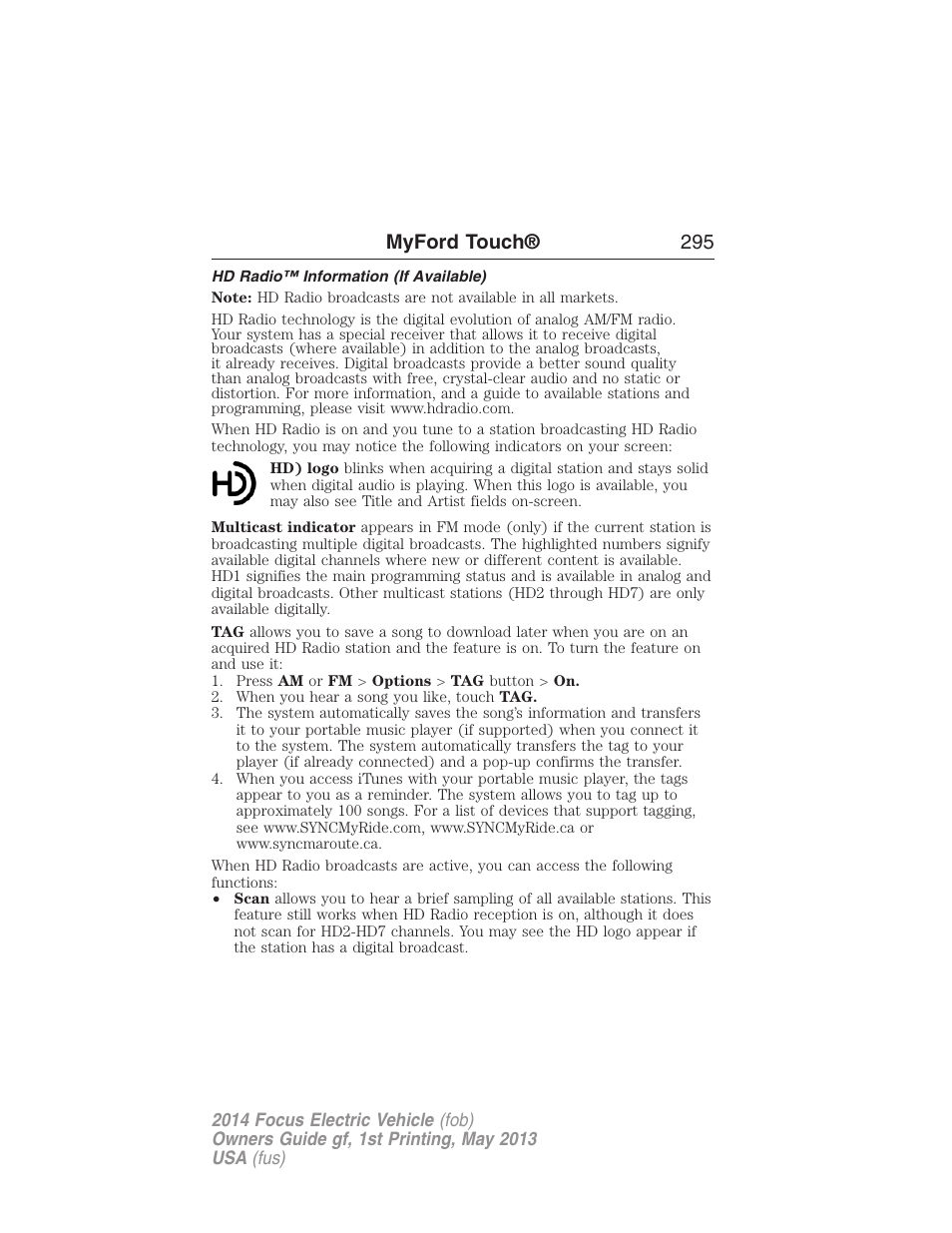 Hd radio™ information (if available), Myford touch® 295 | FORD 2014 Focus Electric User Manual | Page 296 / 403