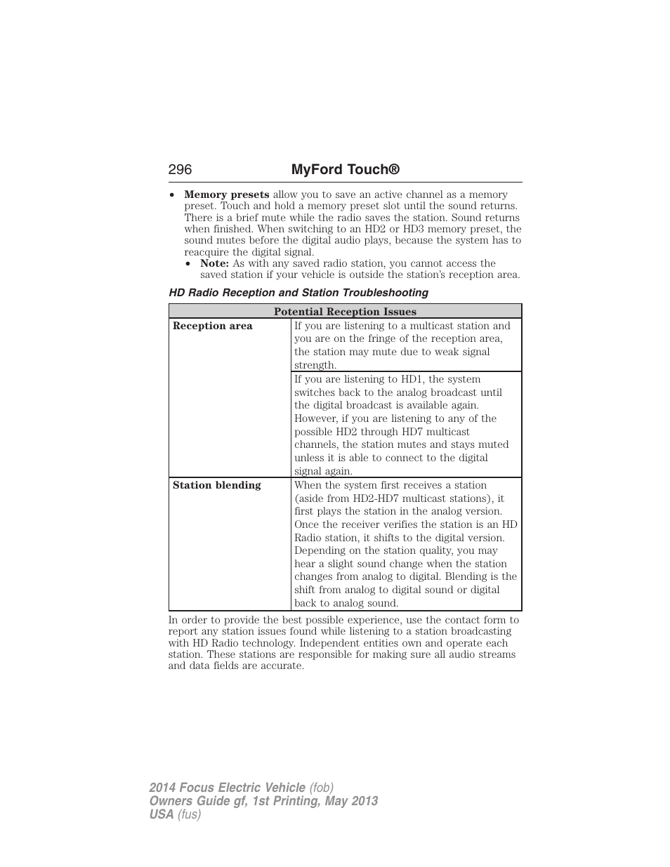 Hd radio reception and station troubleshooting, 296 myford touch | FORD 2014 Focus Electric User Manual | Page 297 / 403