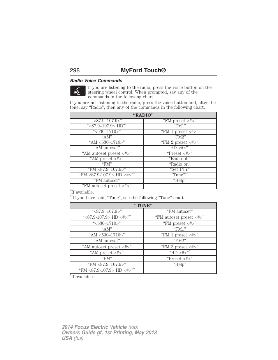 Radio voice commands, 298 myford touch | FORD 2014 Focus Electric User Manual | Page 299 / 403