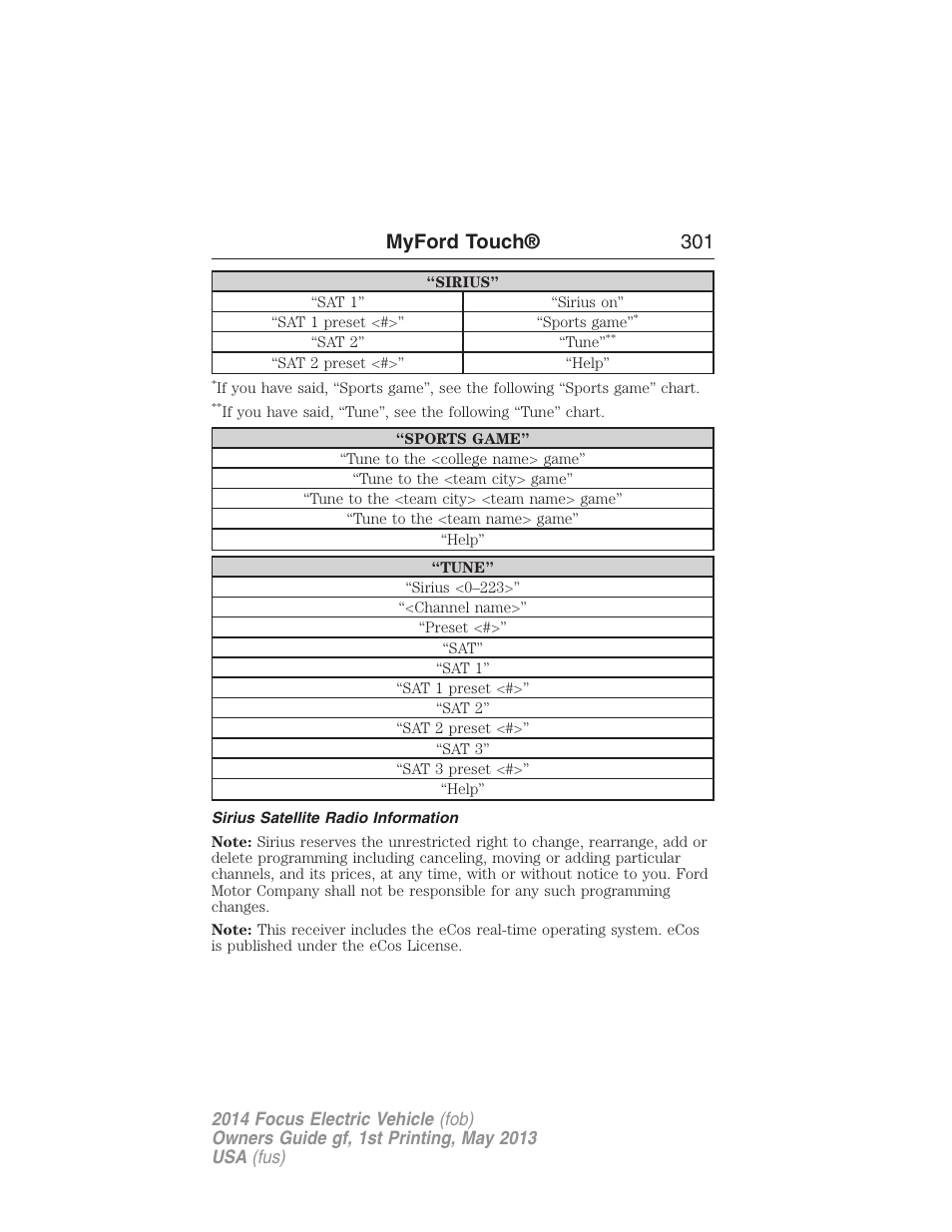 Sirius satellite radio information, Myford touch® 301 | FORD 2014 Focus Electric User Manual | Page 302 / 403