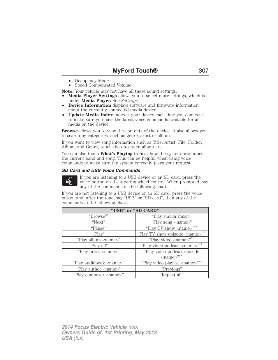 Sd card and usb voice commands, Myford touch® 307 | FORD 2014 Focus Electric User Manual | Page 308 / 403