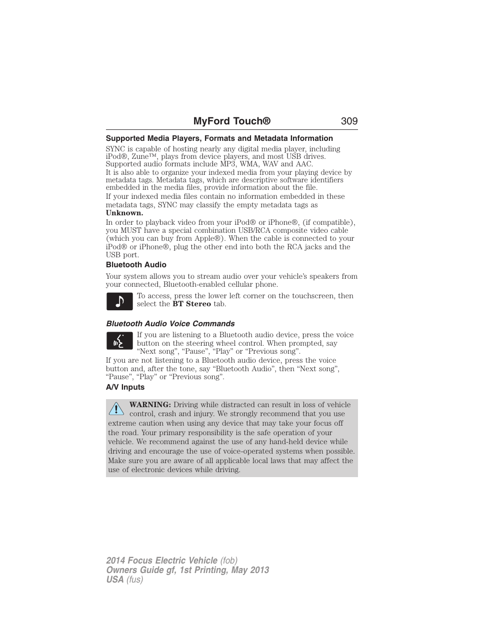 Bluetooth audio, Bluetooth audio voice commands, A/v inputs | Myford touch® 309 | FORD 2014 Focus Electric User Manual | Page 310 / 403