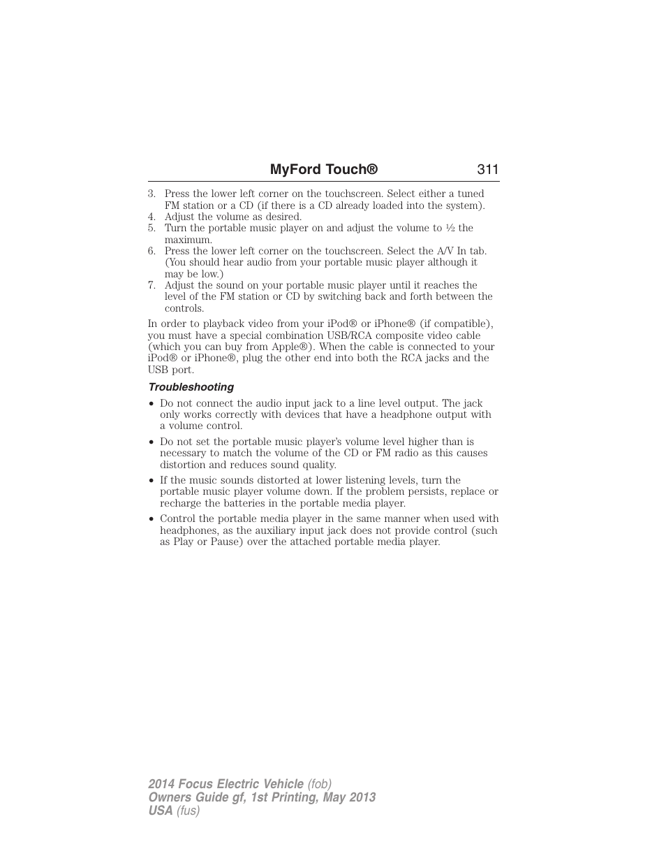 Troubleshooting, Myford touch® 311 | FORD 2014 Focus Electric User Manual | Page 312 / 403