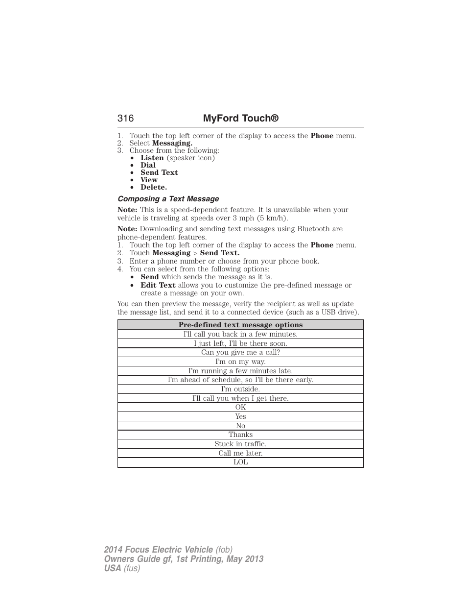 Composing a text message, 316 myford touch | FORD 2014 Focus Electric User Manual | Page 317 / 403