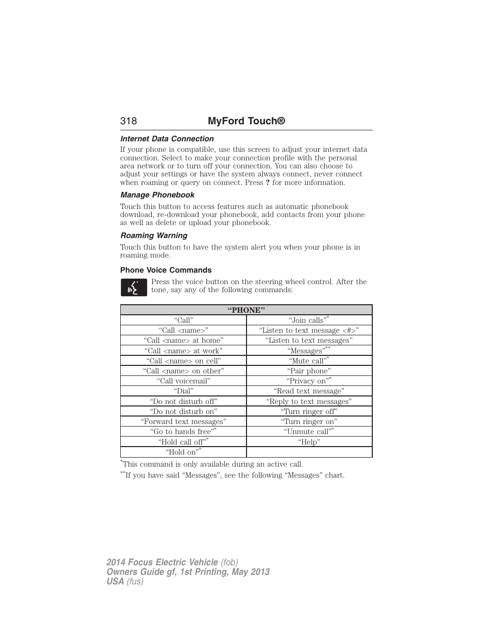 Internet data connection, Manage phonebook, Roaming warning | Phone voice commands, 318 myford touch | FORD 2014 Focus Electric User Manual | Page 319 / 403