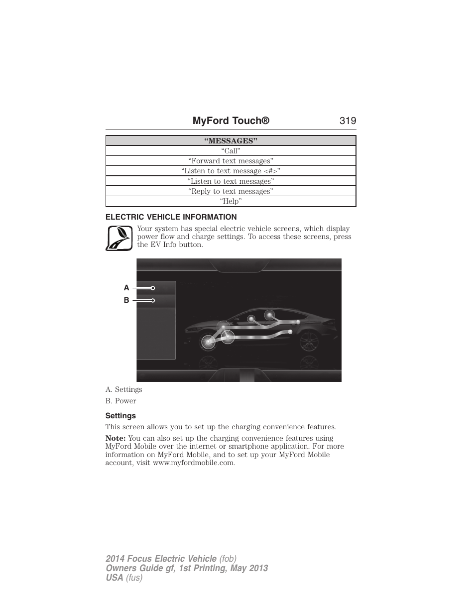 Electric vehicle information, Settings, Myford touch® 319 | FORD 2014 Focus Electric User Manual | Page 320 / 403