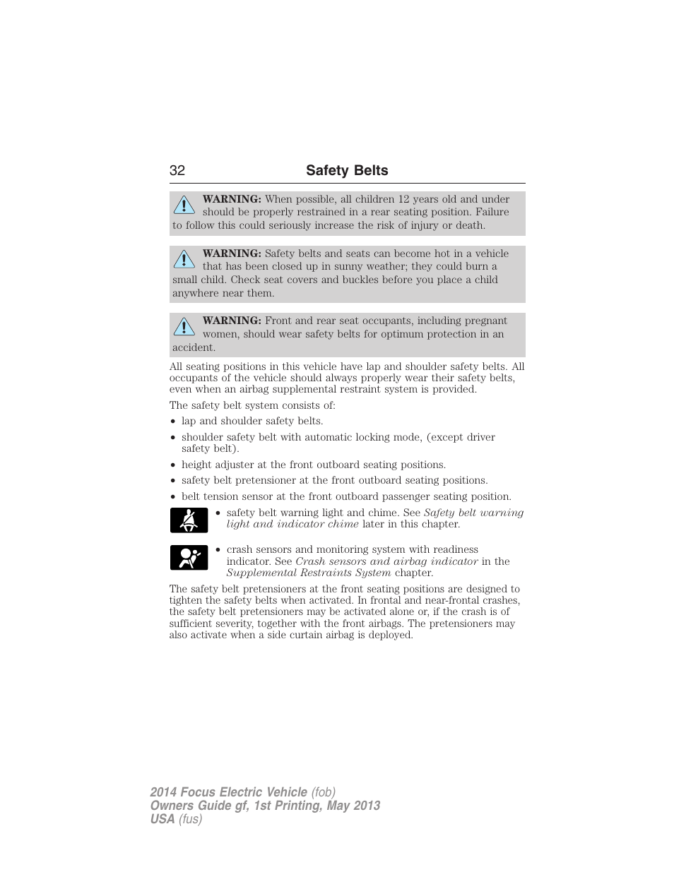 32 safety belts | FORD 2014 Focus Electric User Manual | Page 33 / 403