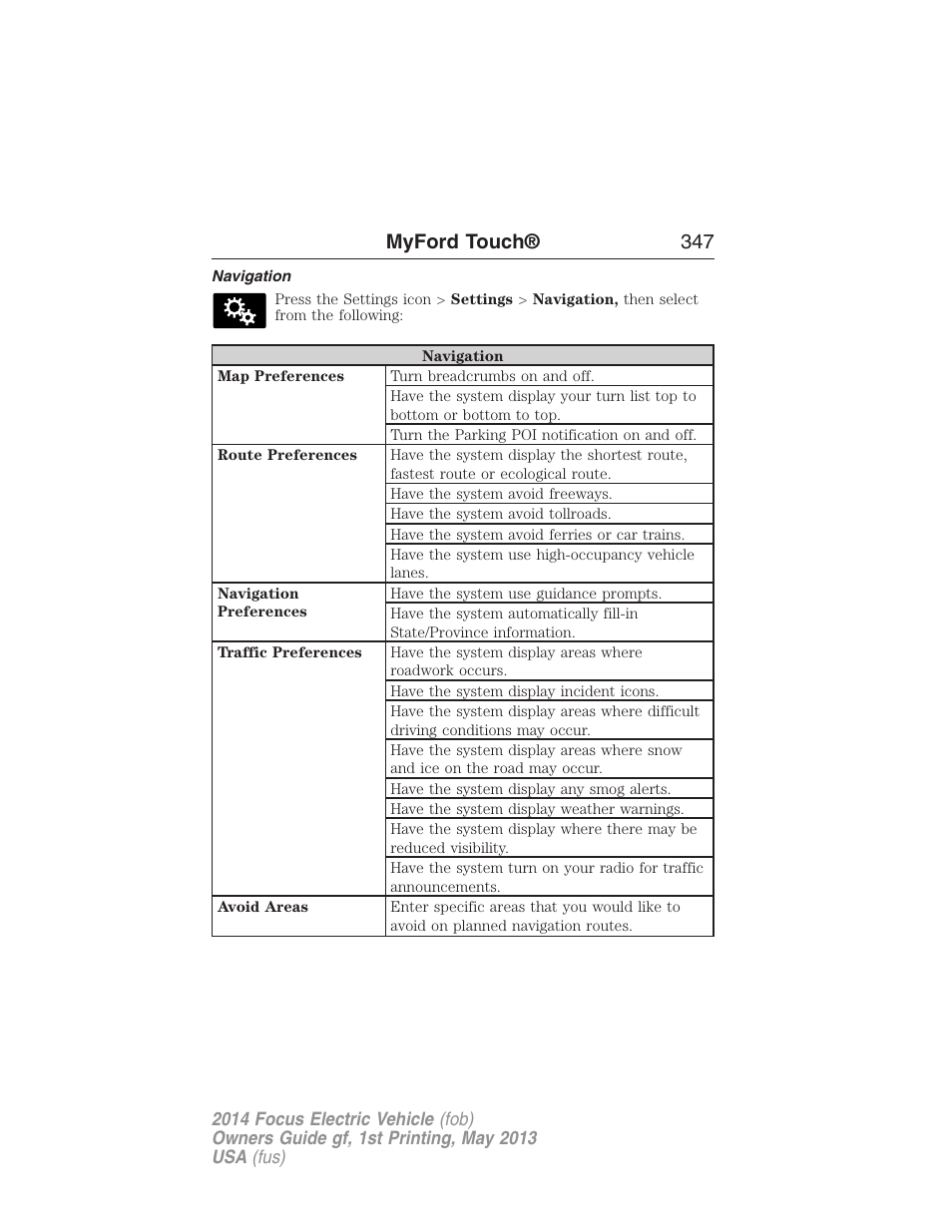 Navigation, Myford touch® 347 | FORD 2014 Focus Electric User Manual | Page 348 / 403