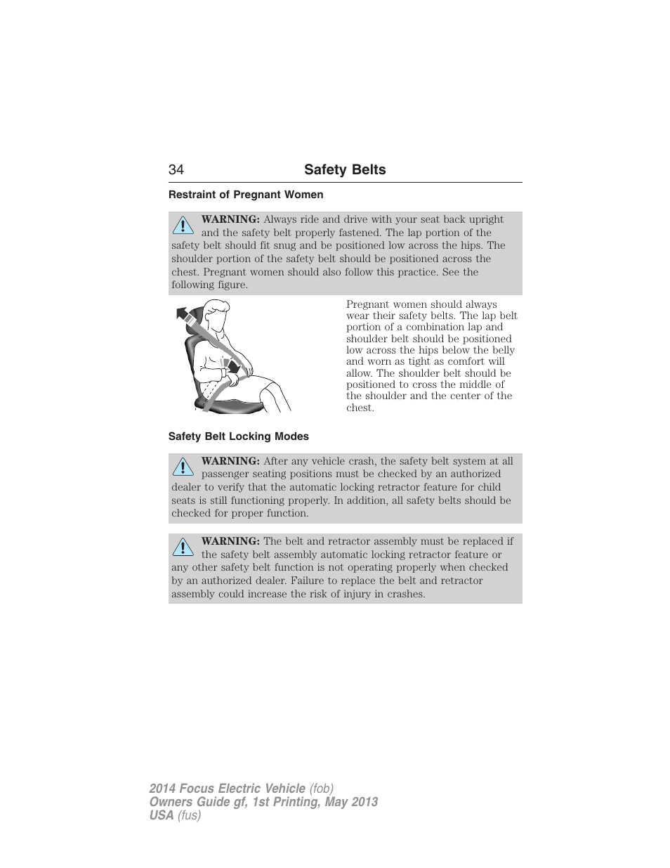 Restraint of pregnant women, Safety belt locking modes, 34 safety belts | FORD 2014 Focus Electric User Manual | Page 35 / 403