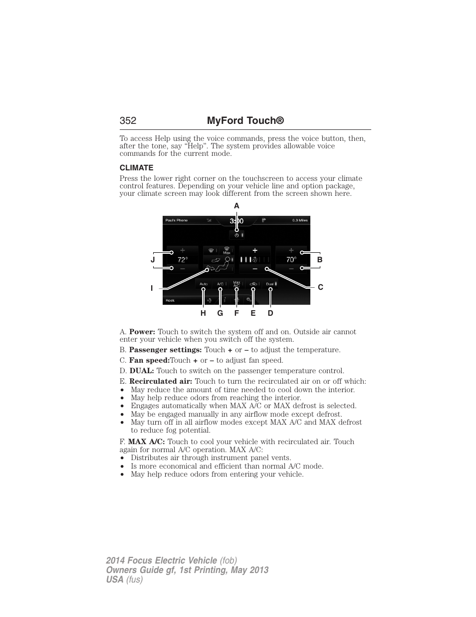 Climate, Climate features, 352 myford touch | FORD 2014 Focus Electric User Manual | Page 353 / 403