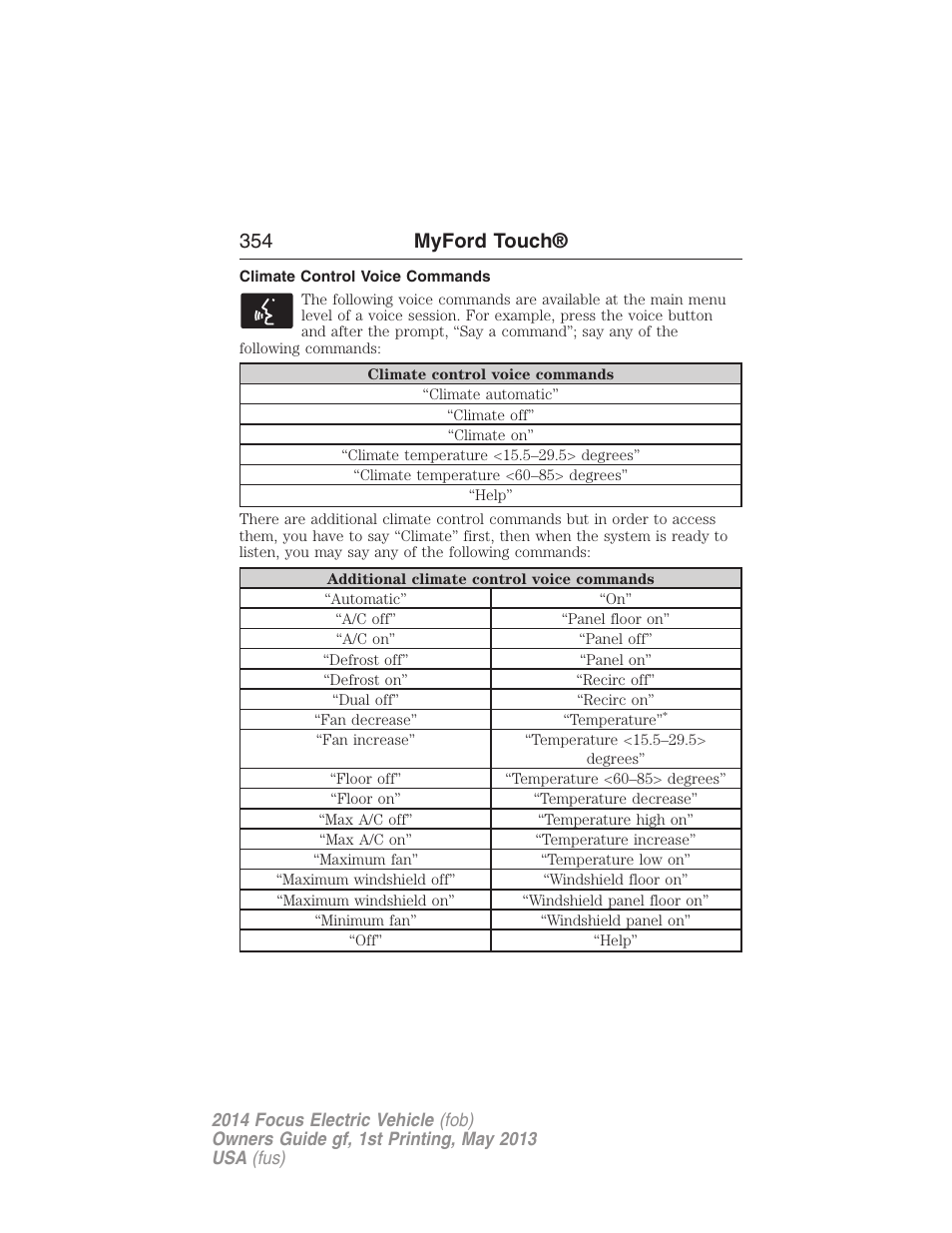 Climate control voice commands, 354 myford touch | FORD 2014 Focus Electric User Manual | Page 355 / 403