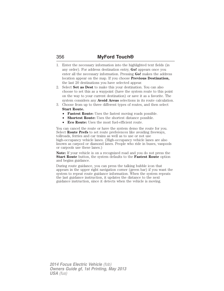 356 myford touch | FORD 2014 Focus Electric User Manual | Page 357 / 403