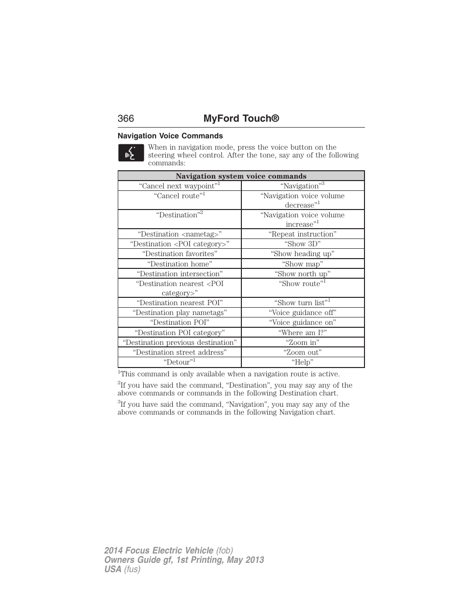 Navigation voice commands, 366 myford touch | FORD 2014 Focus Electric User Manual | Page 367 / 403