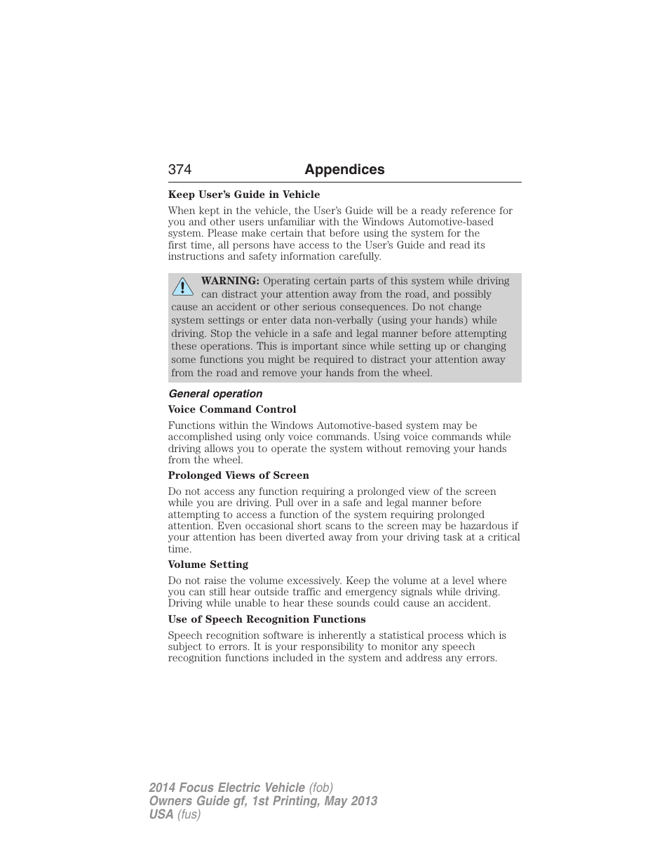 General operation, 374 appendices | FORD 2014 Focus Electric User Manual | Page 375 / 403