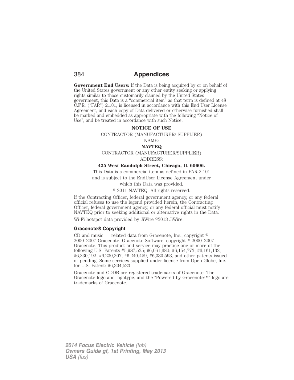 Gracenote® copyright, 384 appendices | FORD 2014 Focus Electric User Manual | Page 385 / 403