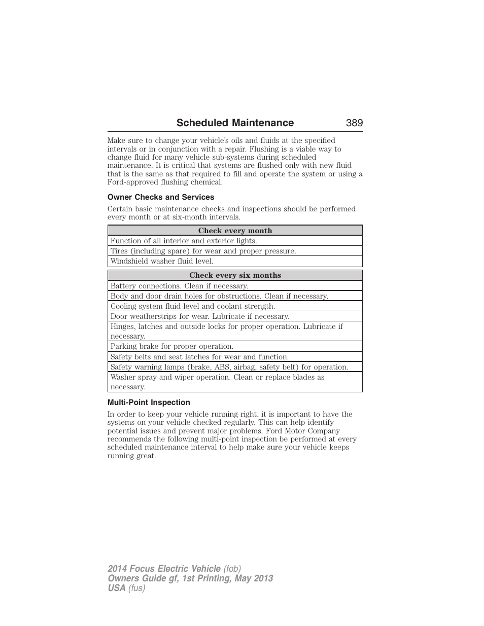 Owner checks and services, Multi-point inspection, Scheduled maintenance 389 | FORD 2014 Focus Electric User Manual | Page 390 / 403