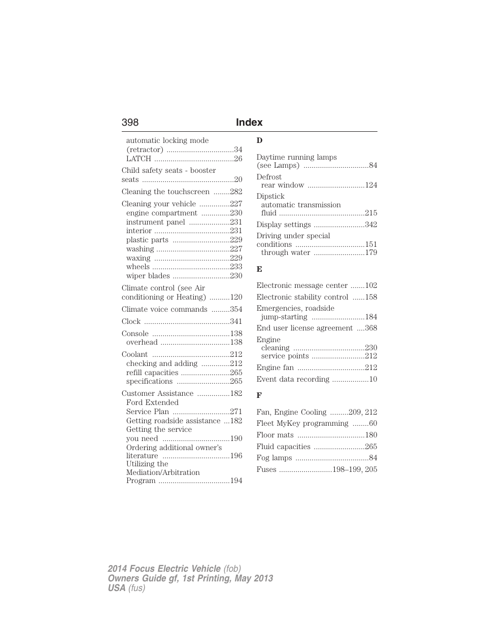 398 index | FORD 2014 Focus Electric User Manual | Page 399 / 403