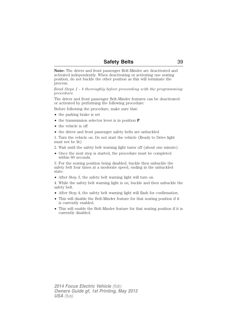 Safety belts 39 | FORD 2014 Focus Electric User Manual | Page 40 / 403