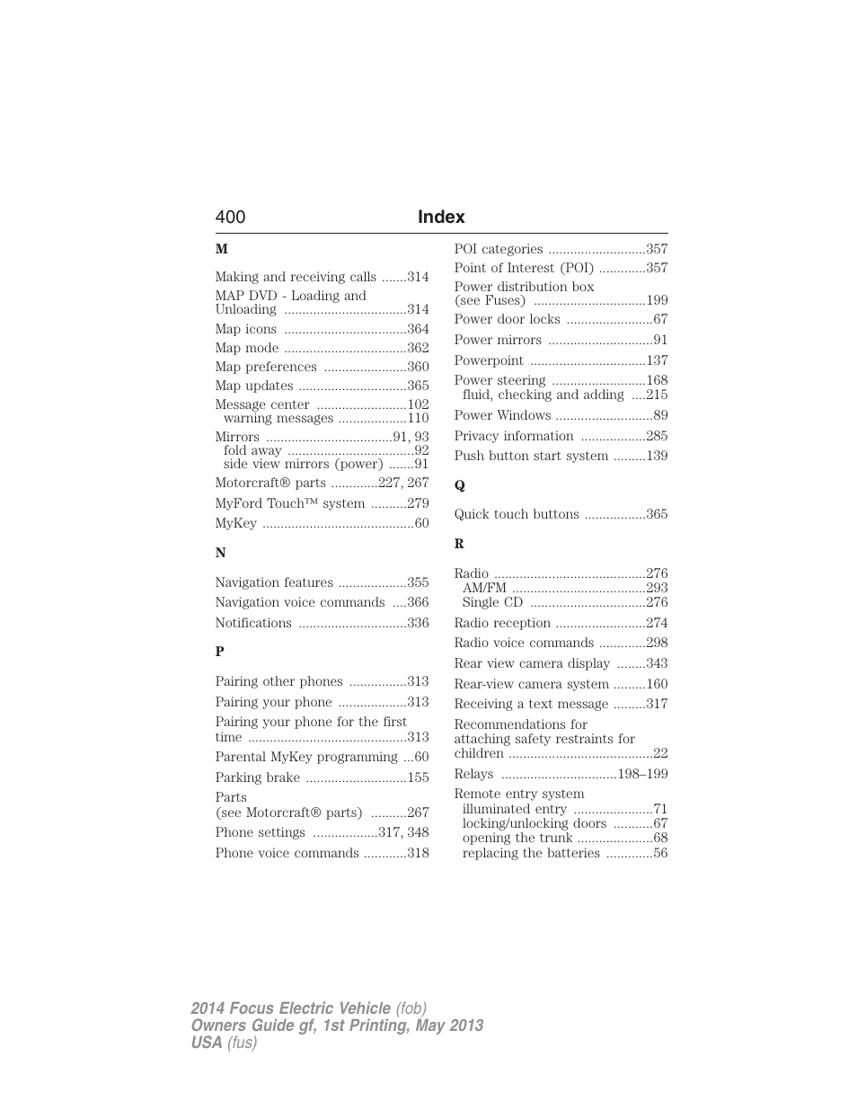 400 index | FORD 2014 Focus Electric User Manual | Page 401 / 403