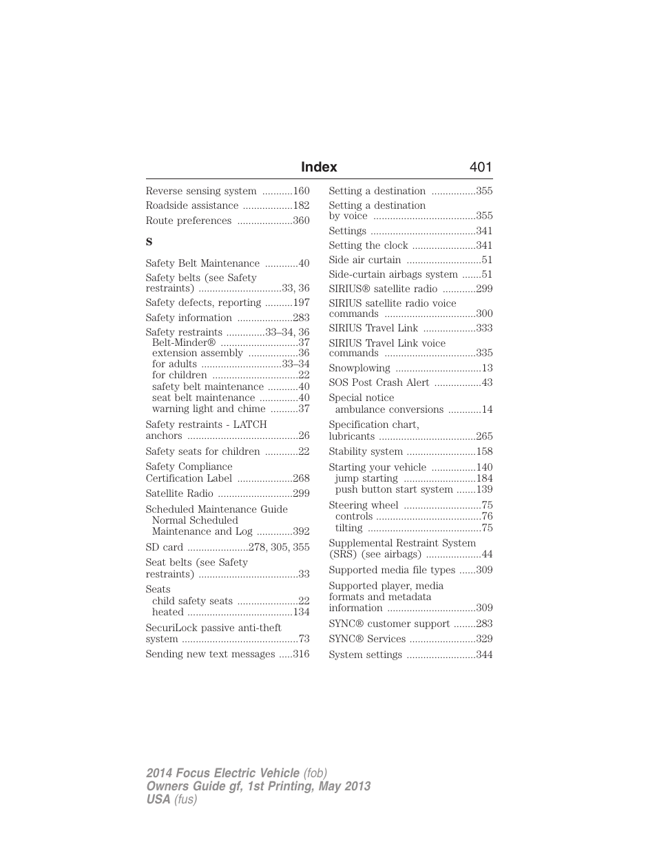 Index 401 | FORD 2014 Focus Electric User Manual | Page 402 / 403