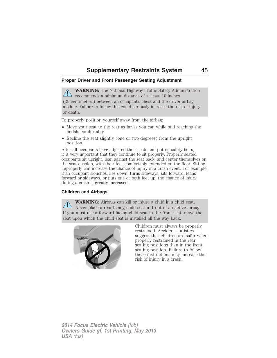 Children and airbags, Supplementary restraints system 45 | FORD 2014 Focus Electric User Manual | Page 46 / 403