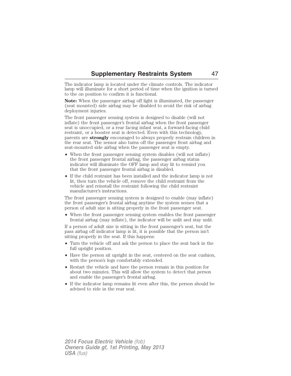 Supplementary restraints system 47 | FORD 2014 Focus Electric User Manual | Page 48 / 403