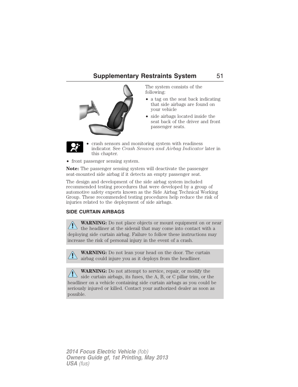 Side curtain airbags, Supplementary restraints system 51 | FORD 2014 Focus Electric User Manual | Page 52 / 403