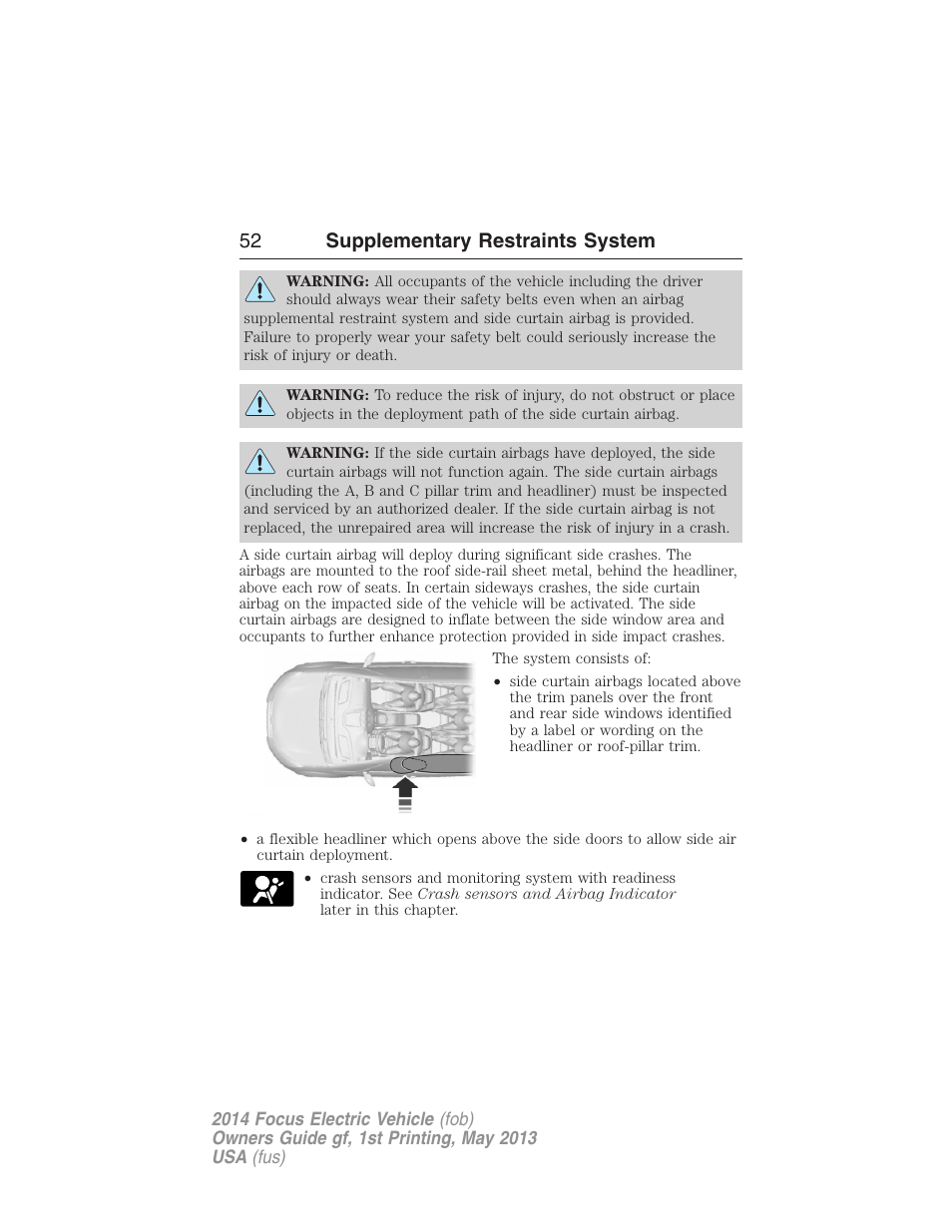 52 supplementary restraints system | FORD 2014 Focus Electric User Manual | Page 53 / 403